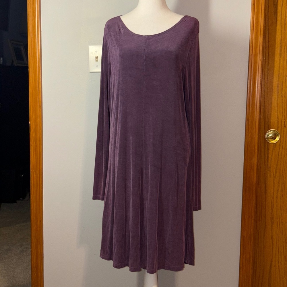 Flax ribbed Purple midi Dress, Long Sleeve, Relaxed Fit, Casual Everyday, Size M